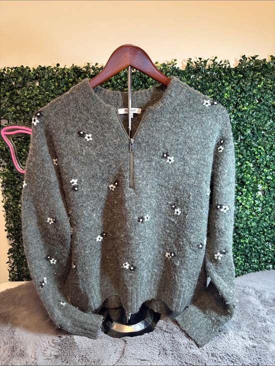 Madewell Sweaters - Madewell Olive Green Half-Zip Sweater with White Floral Embroidery Size Small